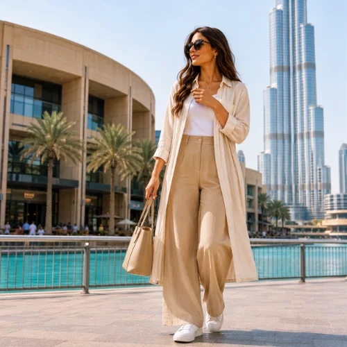Женщина в скромном бежевом льняном наряде идёт рядом с Dubai Mall на фоне Бурдж-Халифы