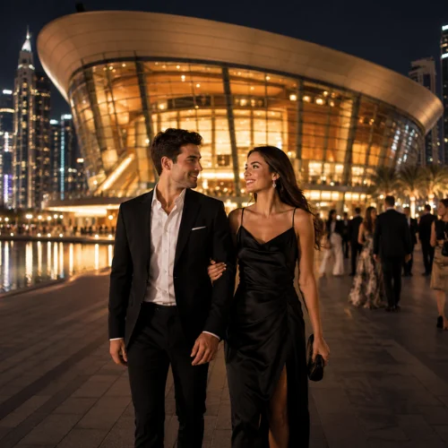 Пара в элегантных смарт-нарядах вечером идёт перед зданием Dubai Opera