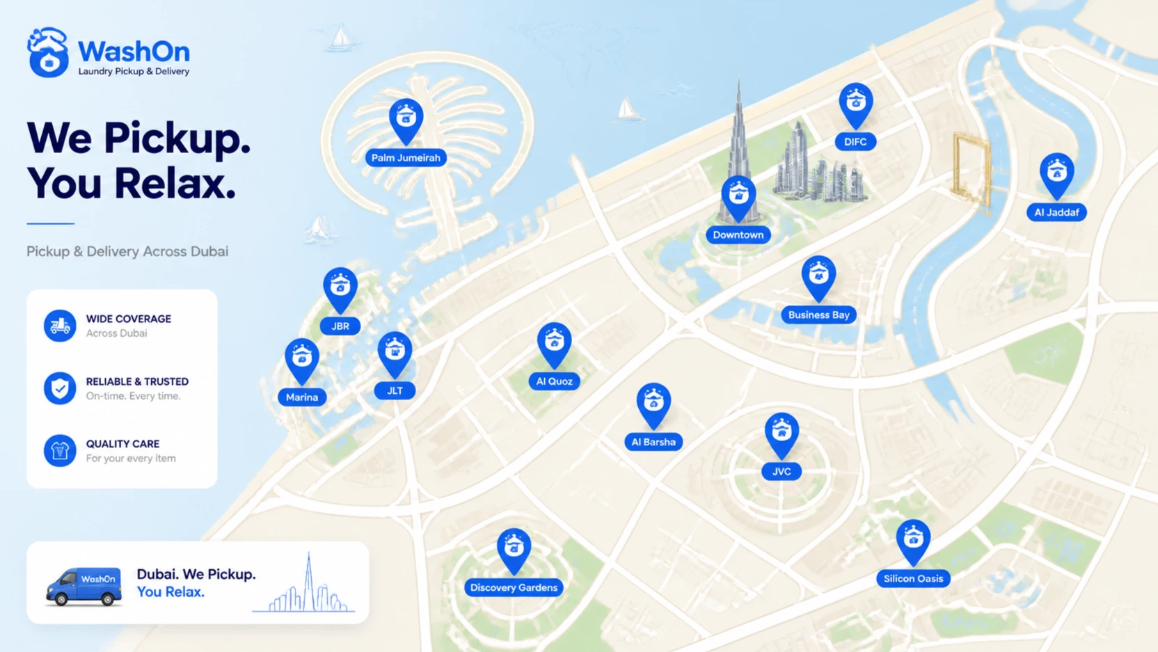 Иллюстрированная карта зон стирки в Дубае: Marina, Downtown, Business Bay и JVC